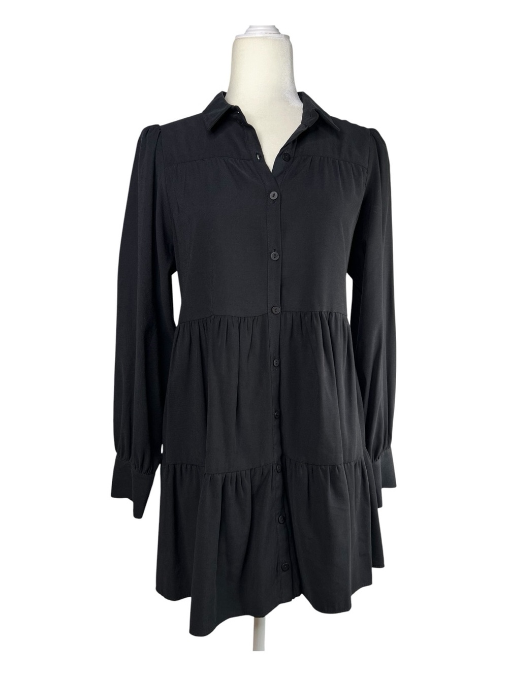 Zara Classic Black Button-Front Ruffle Tiered Long Sleeve Mini Dress Sz M
